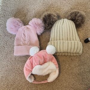 Little Me Pom-Pom Hat Trio - Pink, Cream, Brown